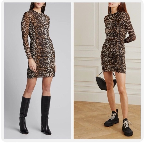 NWOT Ganni Ruched Leopard Print Mini Dress Animal Print Size EU 40 US 8 - Picture 1 of 10